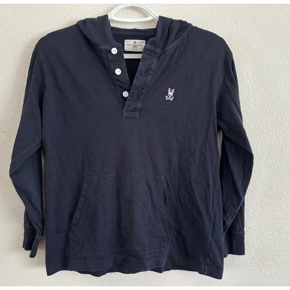 Psycho Bunny Boys L 14/16 Navy Pima Cotton Henley Pullover Hoodie Logo